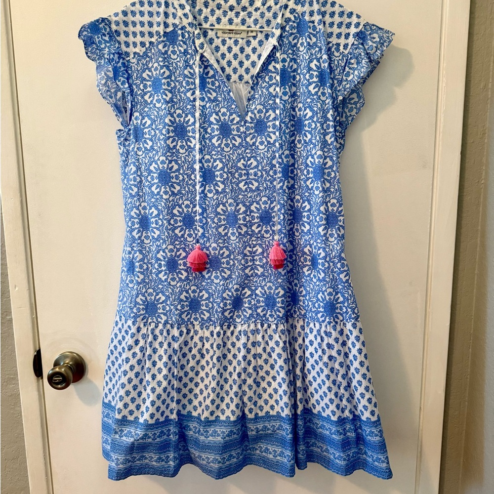 Vineyard Vines, Women’s Blue and White Dress with Pink Tassels, size XS